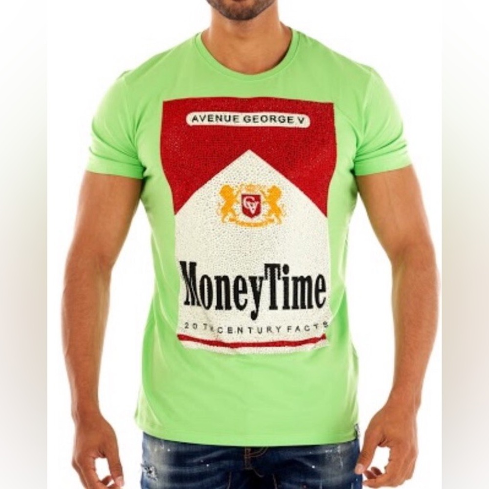 George V Paris T-Shirt Money Time Rhinestone Green Men's Short Sleeve 2XL NWT
